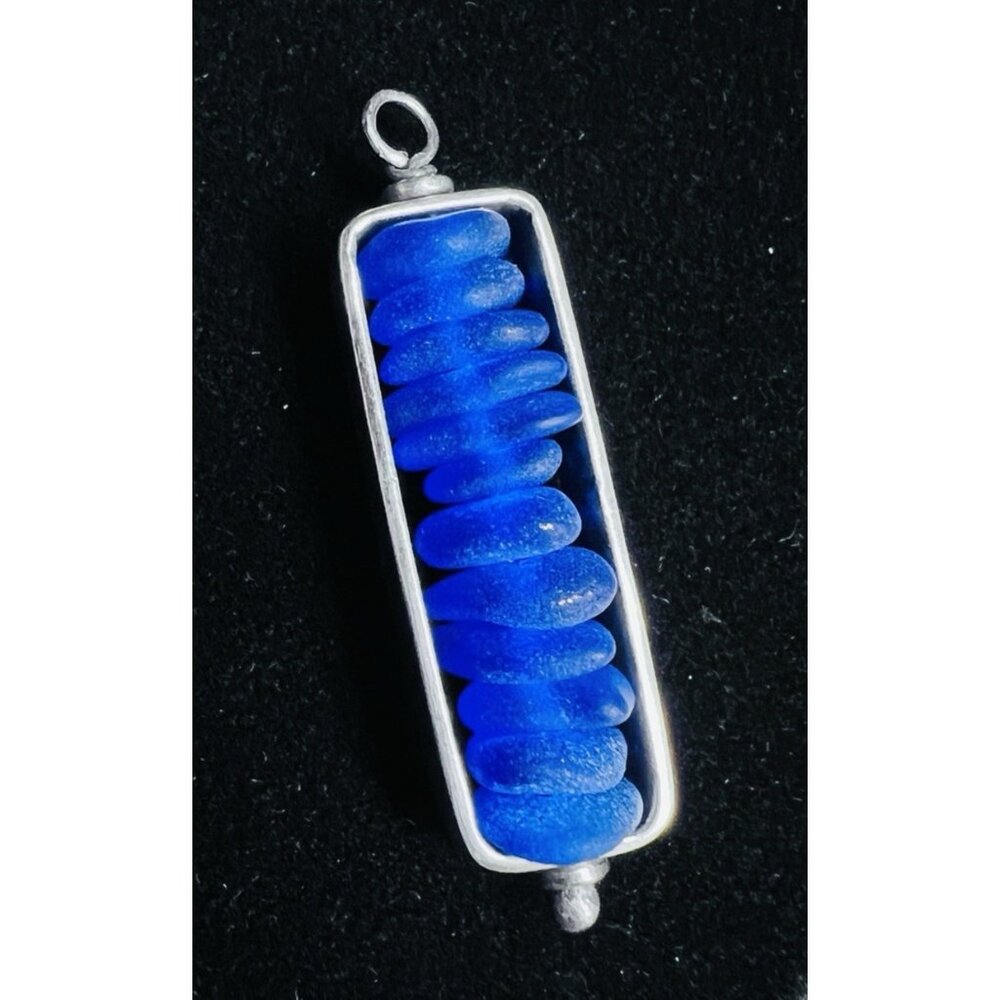 Vintage Sterling Silver Blue Sea Glass Modernist Stacked Spinner Pendant 1.5"